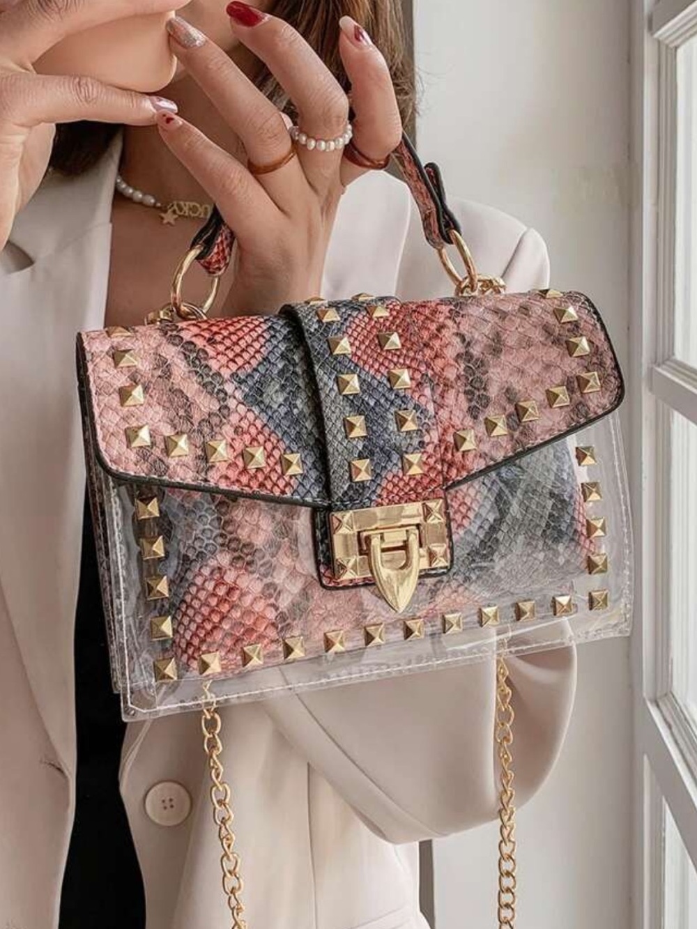 Kohl's Pink Multi Snake-Print Studded Clear Crossbody Bag